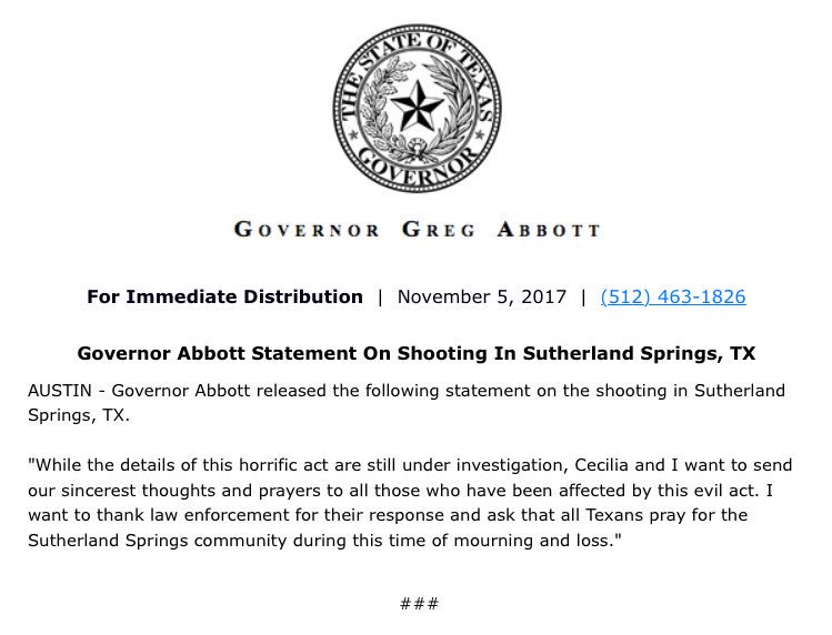 Texas Governor Greg Abbott issues statement on mass shooting at Sutherland Springs Church