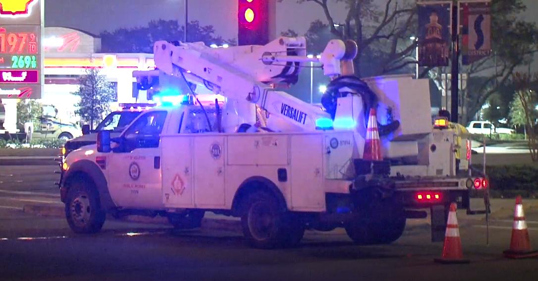 City of Houston Public Works employee was taken to the hospital after a car crashed into his truck while he waited at a red light. The suspect got out of the car and fled the scene. HPD is searching for the suspect.   