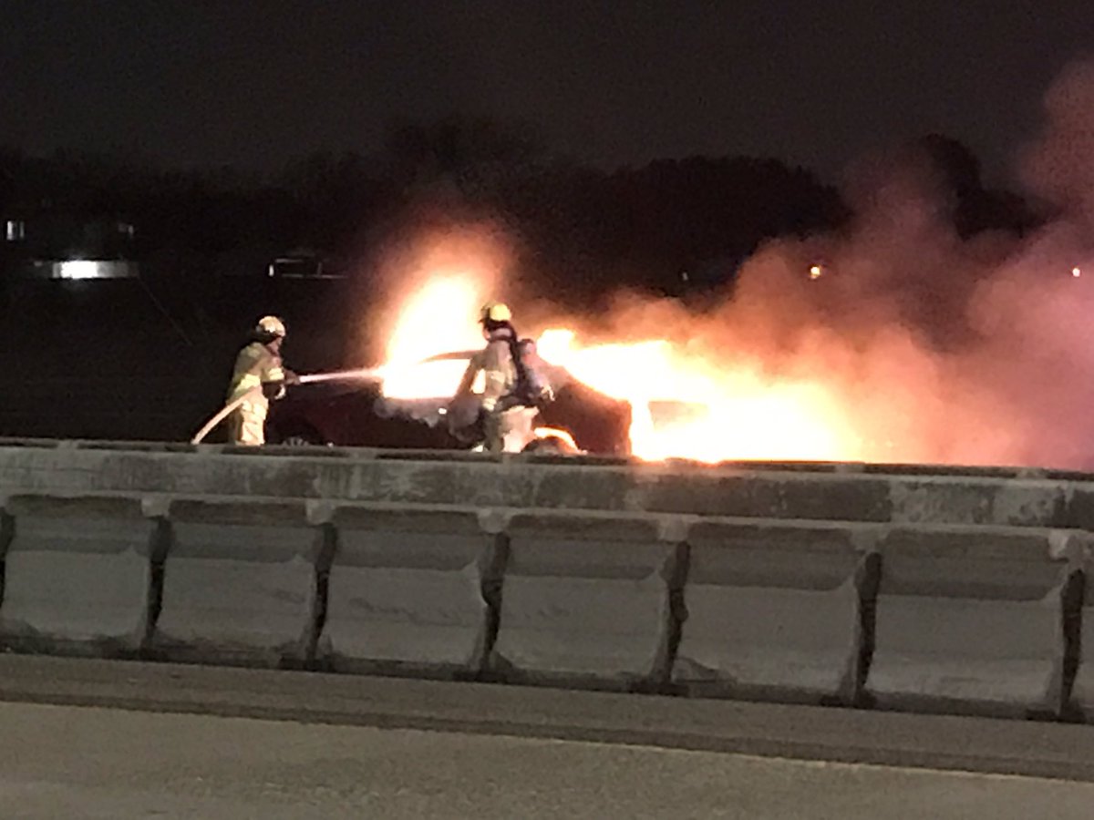 Mesquite Fire and Pd on scene WB I-30 near LBJ working a fully involved car fire. The car fire also sparked a grass fire along the freeway service rd