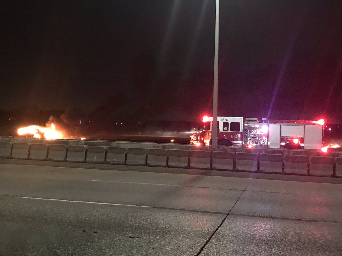 Mesquite Fire and Pd on scene WB I-30 near LBJ working a fully involved car fire. The car fire also sparked a grass fire along the freeway service rd