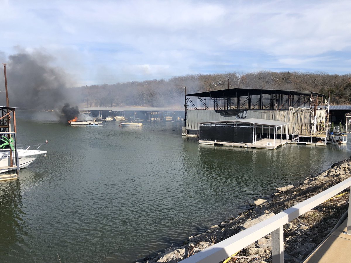 Boathouse on fire at Grandpappy Marina Point  - Boathouse 34 - 3 boats inside, all caught fire and were pulled out to be a extinguished - boathouse 34 is isolated - no one inside boathouse at the time - no injuries reported - multiple agencies responding  