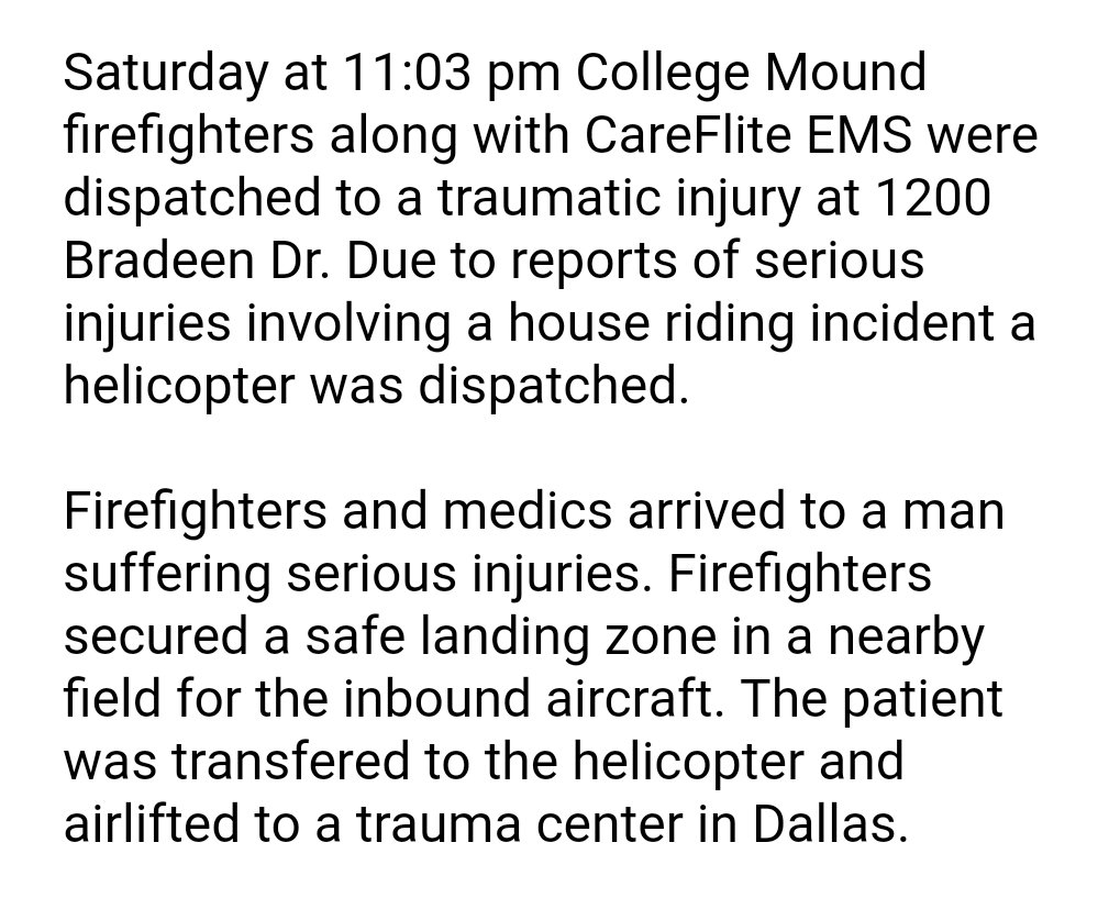 Horse riding accident leaves man seriously injured.  College Mound Kaufman Texas firefighter Paramedic helicopter CareFlite medic