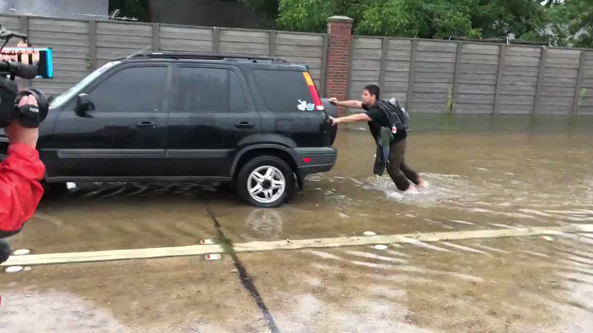 This driver said he's okay, and hopefully, his vehicle is too. @CourtneyABC13 was there as he pushed the SUV through high water in the area of Saums and Greenhouse in NW Harris Co. The driver says now, he's just hoping his vehicle starts!