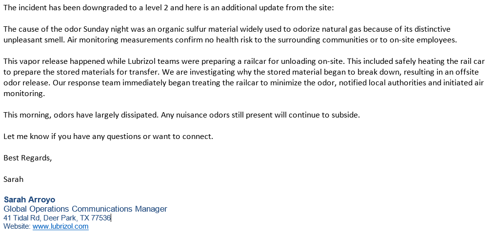 Nuisance odor update from Lubrizol 