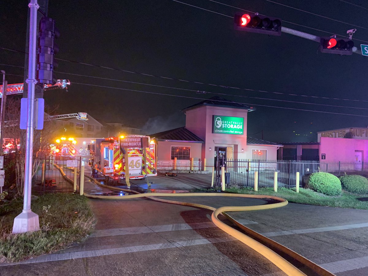 HCFMO investigators and HAZMAT are on scene of a storage building fires. More than 100 units are affected in multiple buildings. No injuries reported. The fire response went 4-alarm. It was a wind driven fire, which made it spread quickly