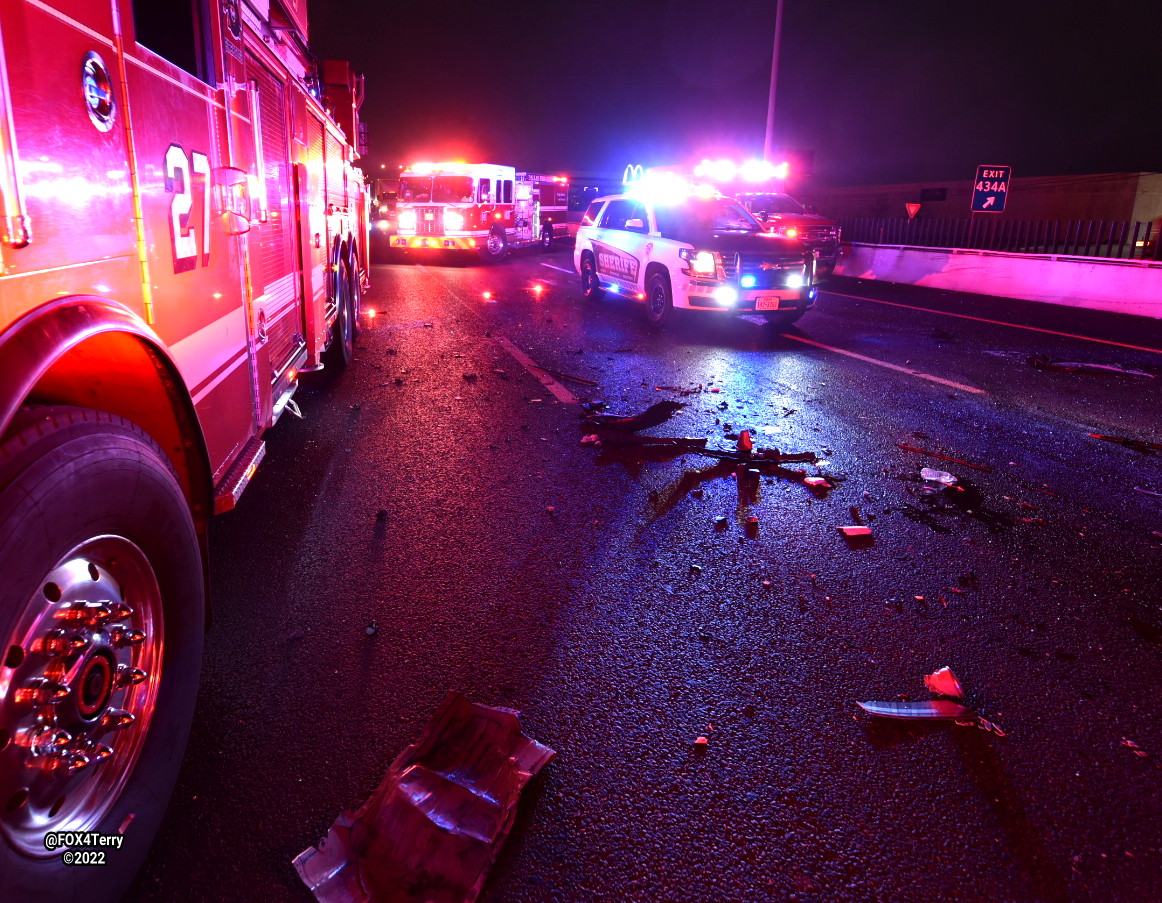 5 separate but related crashes shuts down Stemmons Frwy for hours and leaves a man critically injured.