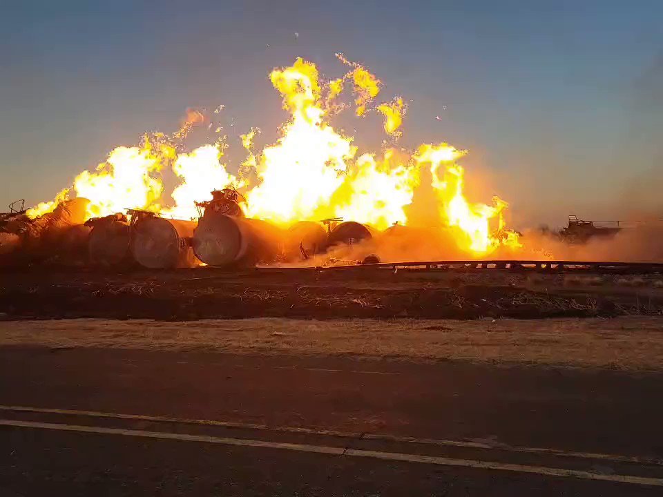 Multiple agencies are responding to a Train derailment Fire  pushpin Oklaunion   Texas  Multiple emergency crews are currently at the sence due to a Train derailment as 30 train cars carrying denatured alcohol are currently on fire so far no injuries have been reported