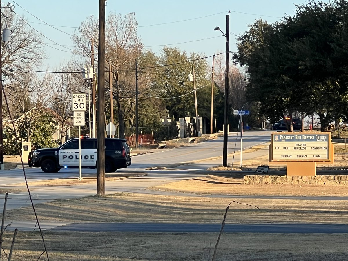 Here's the current scene down the road from the Colleyville synagogue where a man took people hostage Saturday. Hostages freed, man is deceased.  @ColleyvillePD says roads in the area will remain closed today as investigation continues