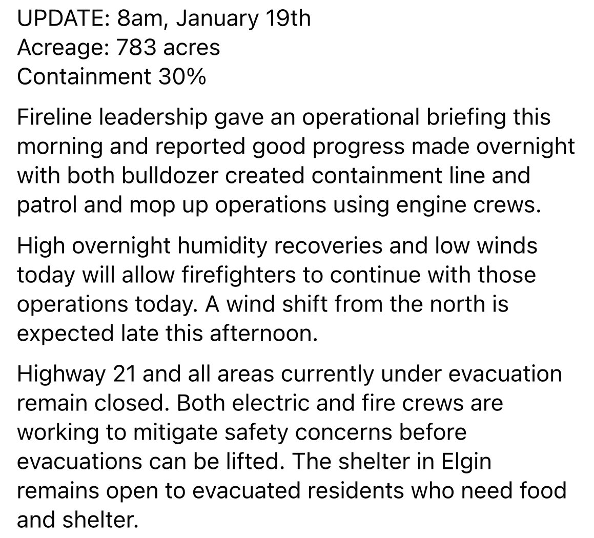 Rolling Pines Fire grows to 783 acres and containment increases to 30%.   from Bastrop County Office of Emergency Management