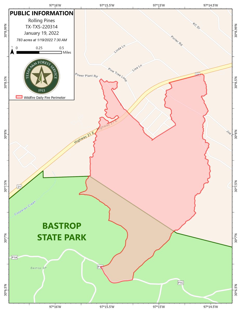 Public information map for the RollingPinesFire in Bastrop County showing 783 acres as of January 19, 2022