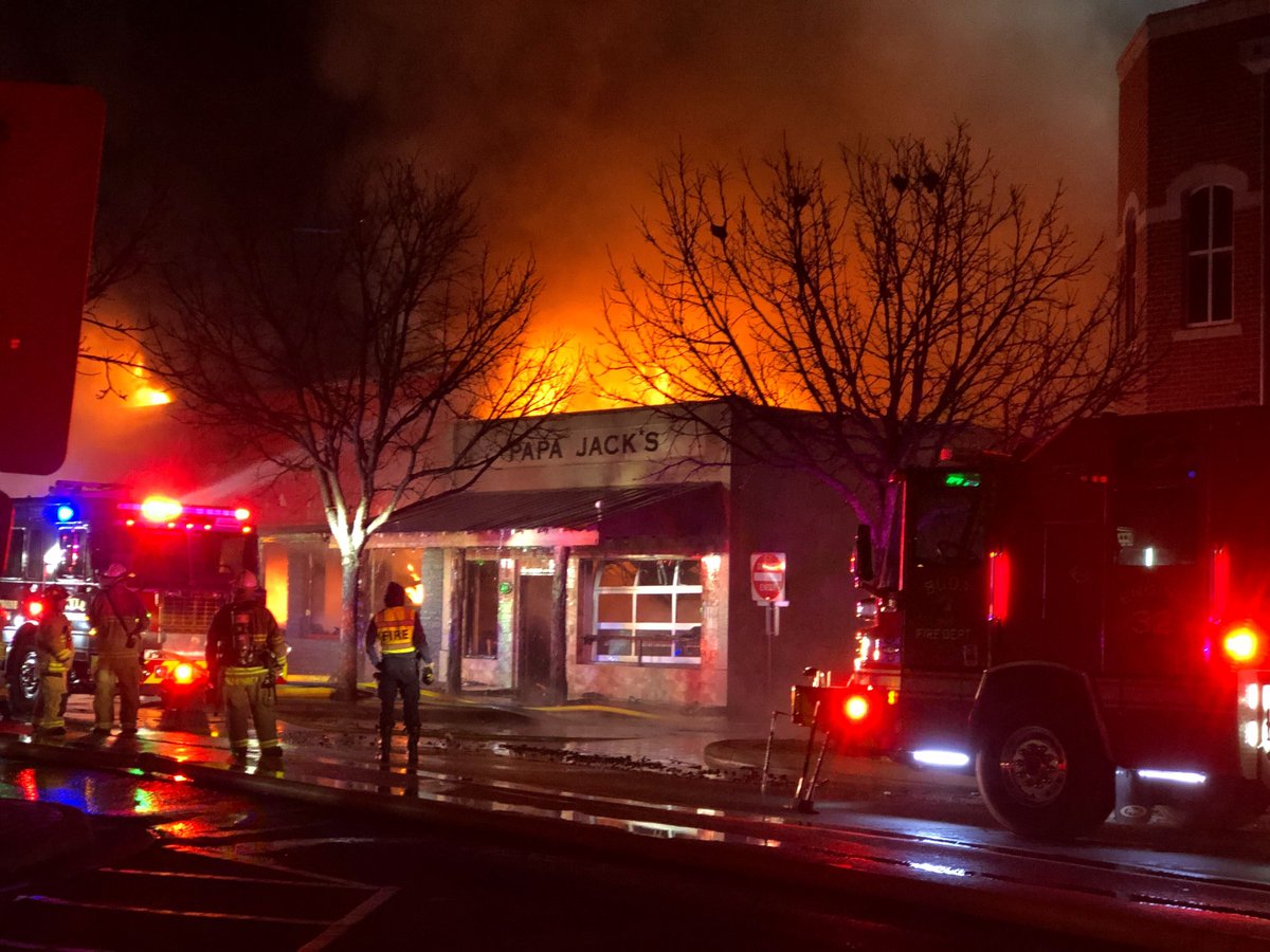 Scene of a fire in downtown Kyle. Austin Fire Department is helping fight the fire. It appears to be at the Papa Jacks at the intersection of Main Street and Center.   Details are limited.