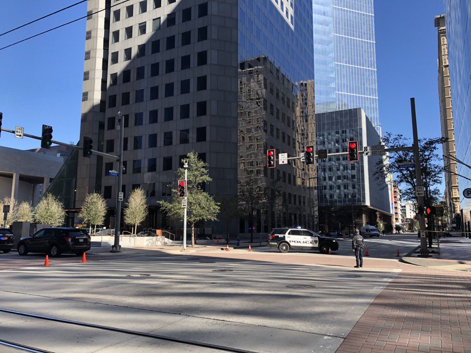 Houston police are blocking off a street and are in a standoff with a man who threw objects from a broken window on the 24th floor of the JPMorgan Chase Tower in downtown Houston. No injuries are reported