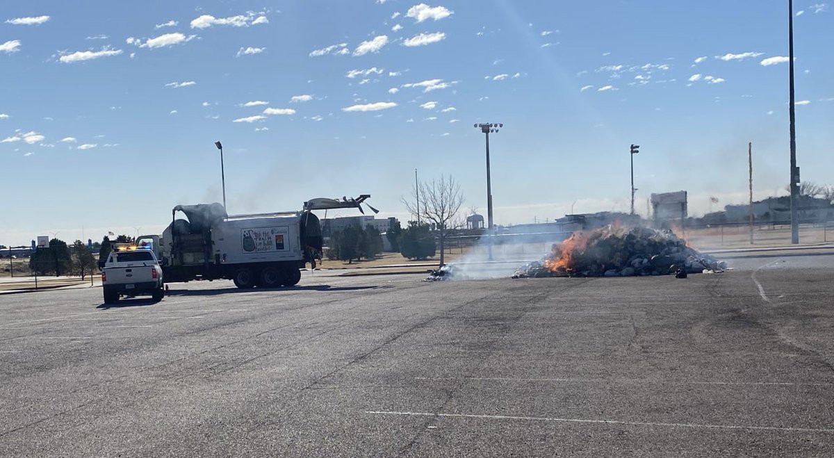 This was at the parking lot of Legacy Play Village around 10:30 a.m. Thursday. A sanitation truck had smoke pouring out and dumped its load in the parking lot. fire Our photographer said LFR was not called out, but several city trucks were at the scene