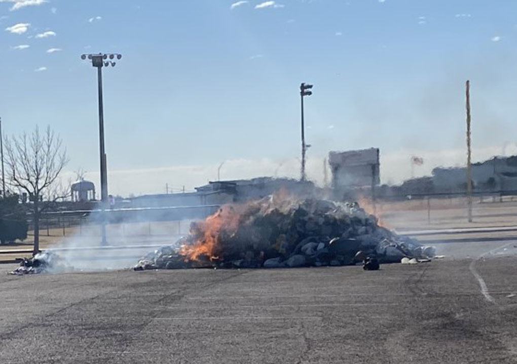 This was at the parking lot of Legacy Play Village around 10:30 a.m. Thursday. A sanitation truck had smoke pouring out and dumped its load in the parking lot. fire Our photographer said LFR was not called out, but several city trucks were at the scene