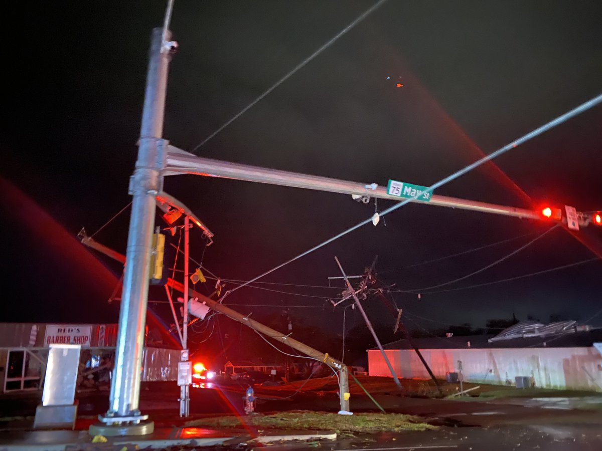 Damage to Downtown Madisonville tonight after a large tornado passed through the city in the 9pm hour