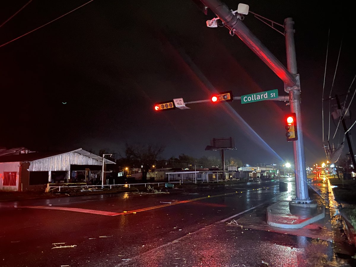 Damage to Downtown Madisonville tonight after a large tornado passed through the city in the 9pm hour