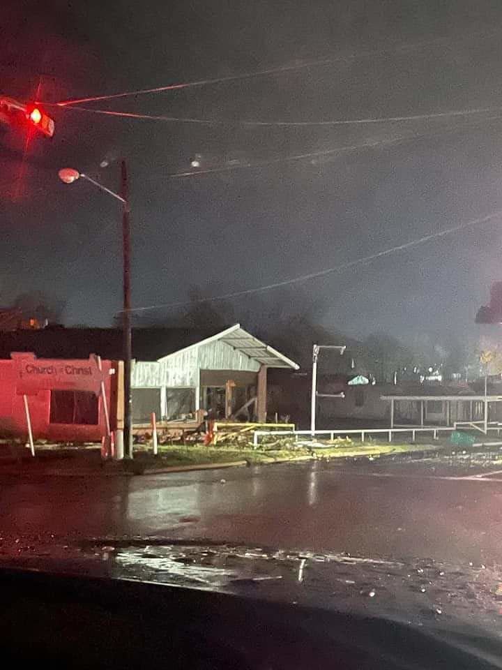 Monday night tornado damage in Madisonville as tonight's long-track supercell storms moved through around 9:30pm.