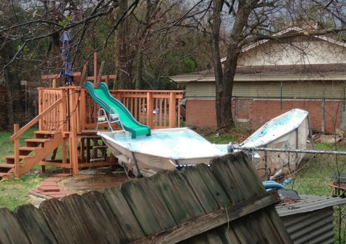 Photos from damage in the immediate DFW metroplex. This is in the River Oaks area off Montrose Drive. Radar indicated the circulation started in this area and continued northeastward. No reports of injuries. Thank you Christina Segundo for the photos