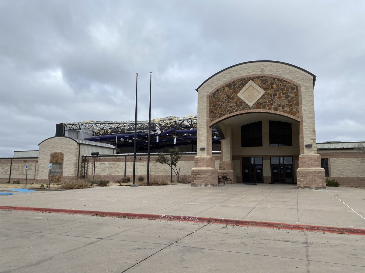 I'm in Jacksboro, TX today surveying the tornado damage. The high school's roof got ripped pretty clean off. The lights in the gym are just dangling