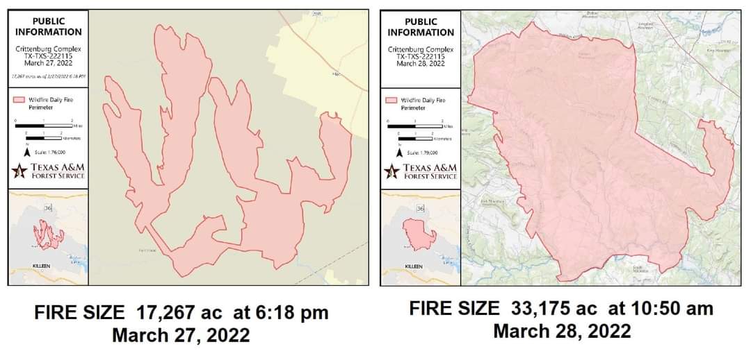 Crittenburgcomplex fire(s) in Coryell County/Texas is an estimated 33,175 acres and 45% contained  CrittenburgFire