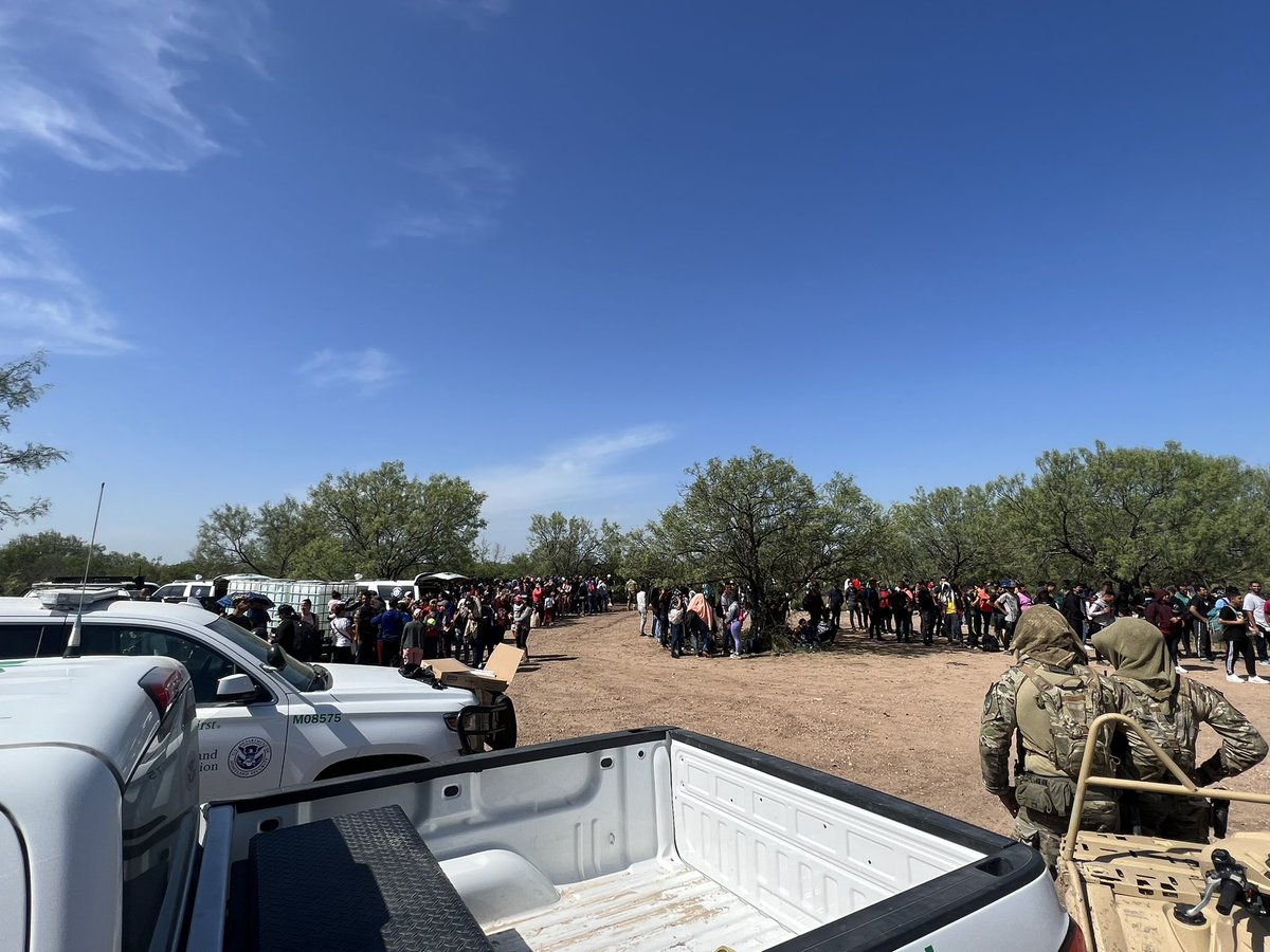 Scene as a massive single group of approximately 450-500 migrants just crossed illegally into Eagle Pass, TX. It's one of the largest single groups we've ever seen. These  groups are a massive drain on BP resources & they happen almost daily here