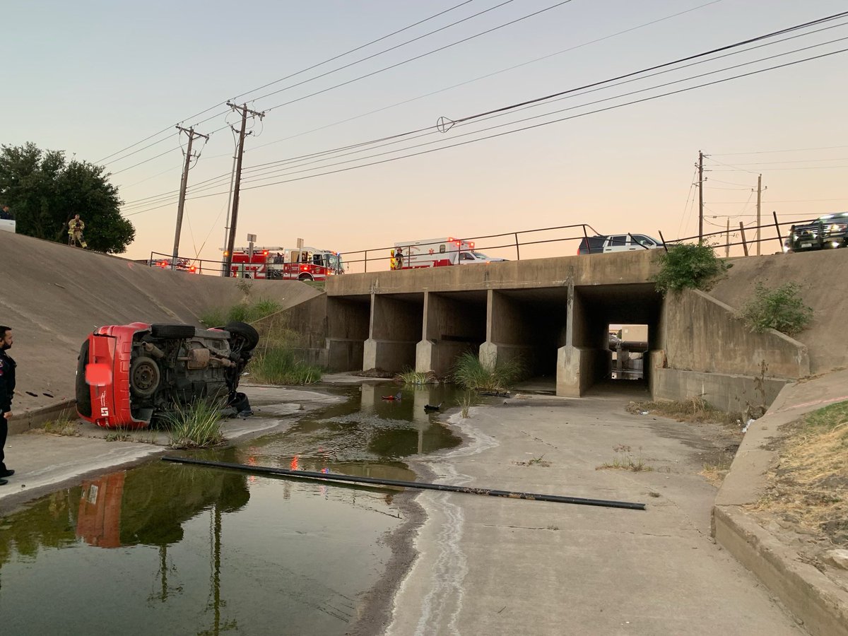 Emergency vehicles and lane closures on Luna at Valwood this morning. Pursuit of vehicle recently stolen in Dallas ended up like this .  Driver not seriously injured