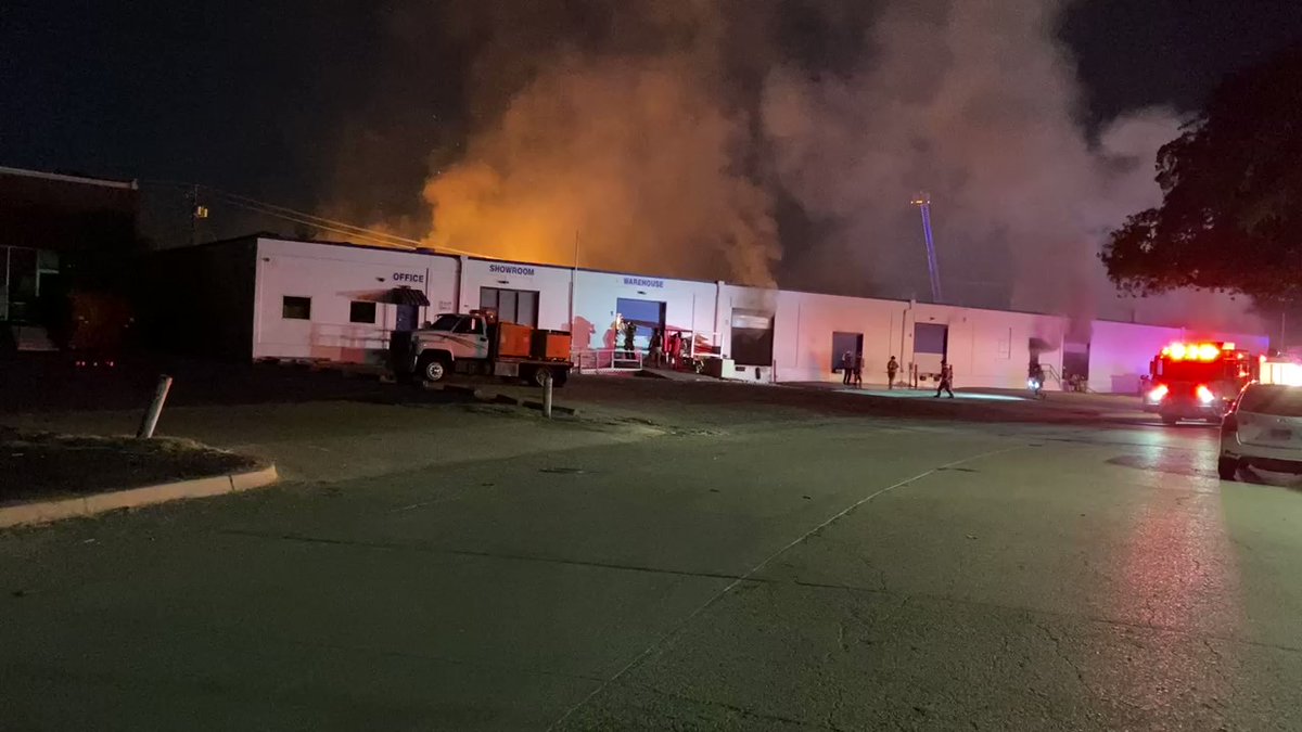 Fort Worth Firefighters on scene working a 3 alarm warehouse fire just north of Downtown. The warehouse is stocked with hand sanitizer