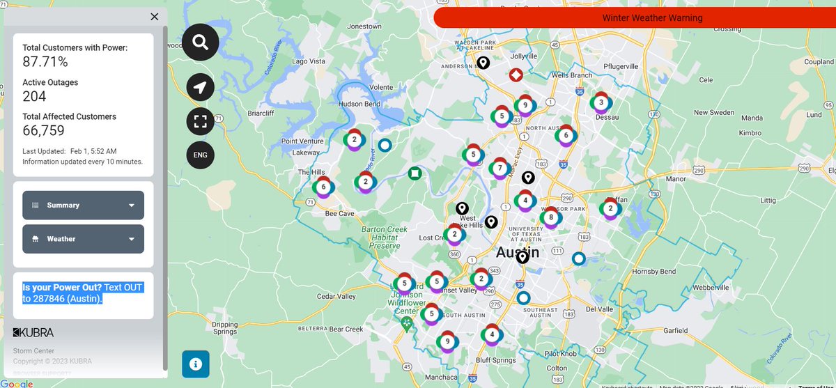 Power outages still climbing rapidly as of 6 AM. The icy conditions are weighing down powerlines. @cbsaustin   66,000+ Austin Energy customers are without power. the most in any area in Central Texas.