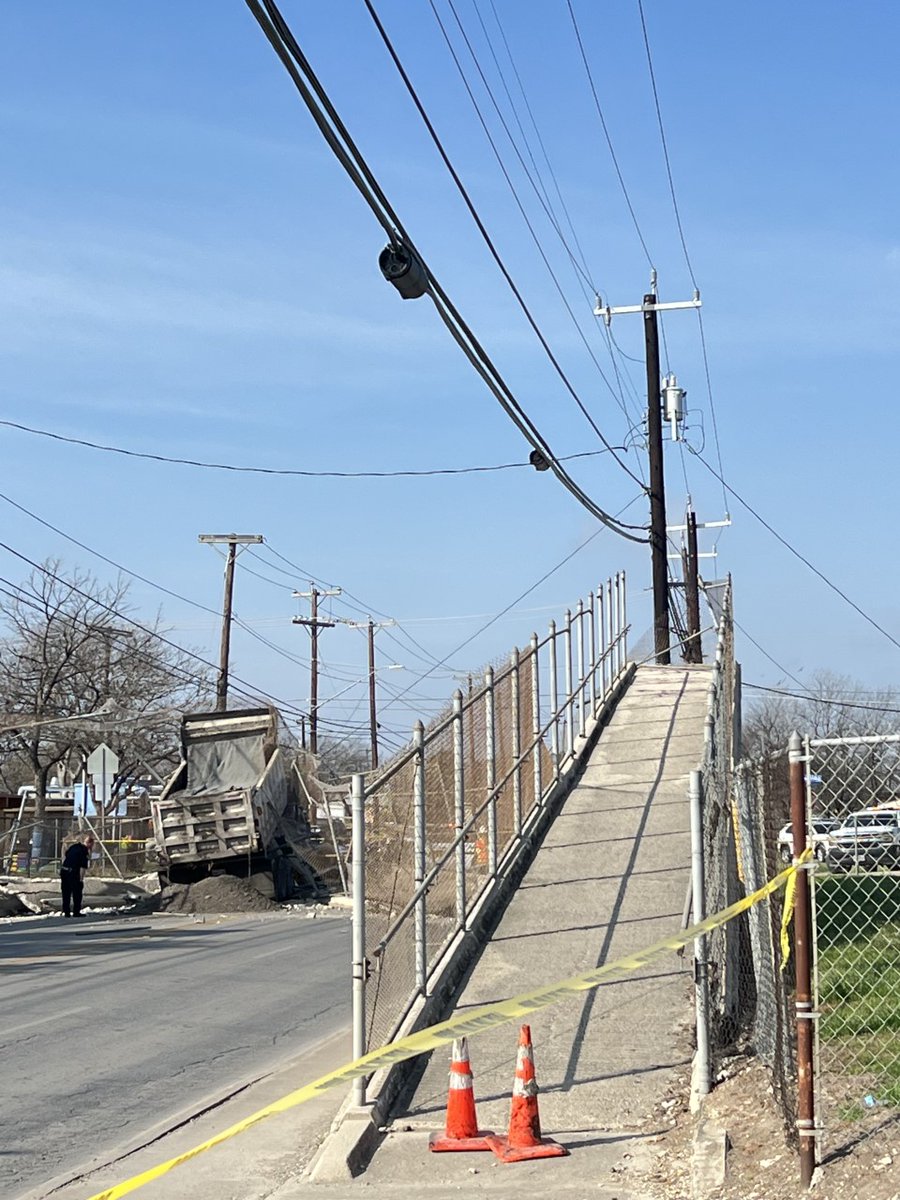 Dump truck hit crosswalk bridge at 1800 block of Castroville Road. 