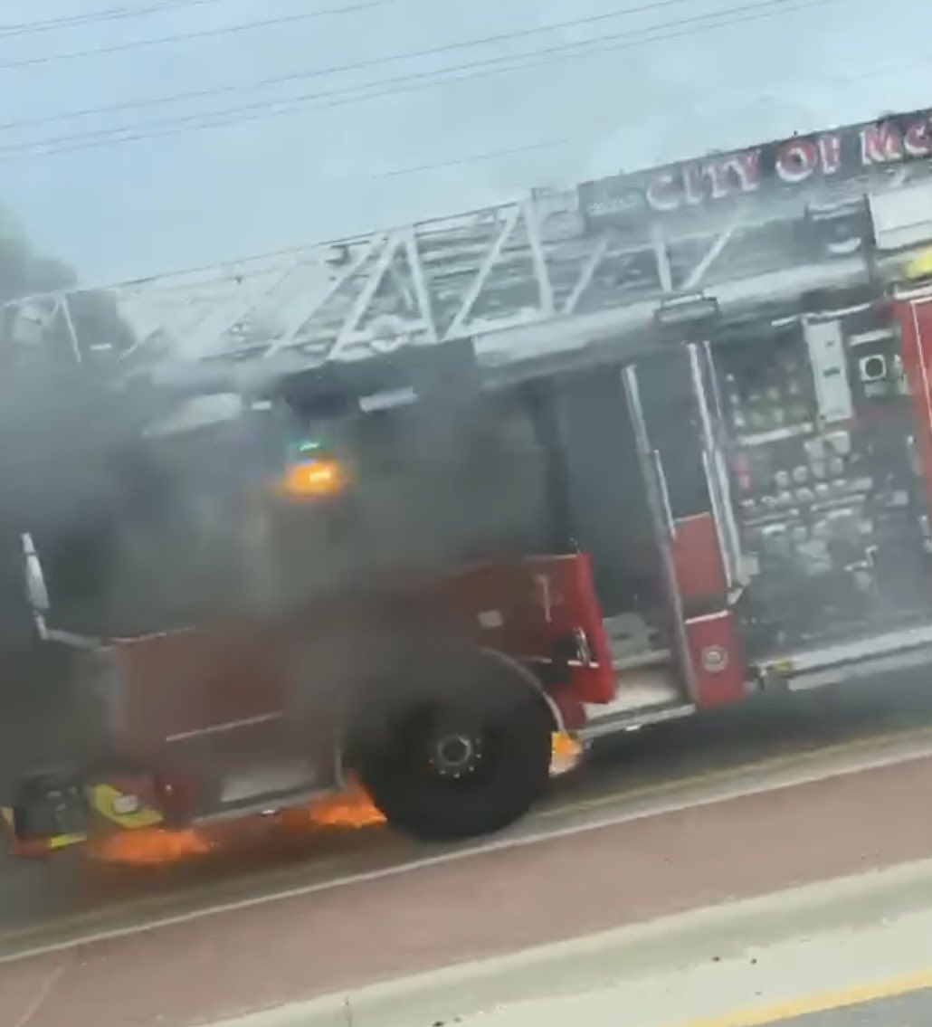 A McKinney ladder truck caught fire today along Highway 380 and Custer Road. No reports of any injuries, but the  E-One Quest  fire apparatus was significantly damaged