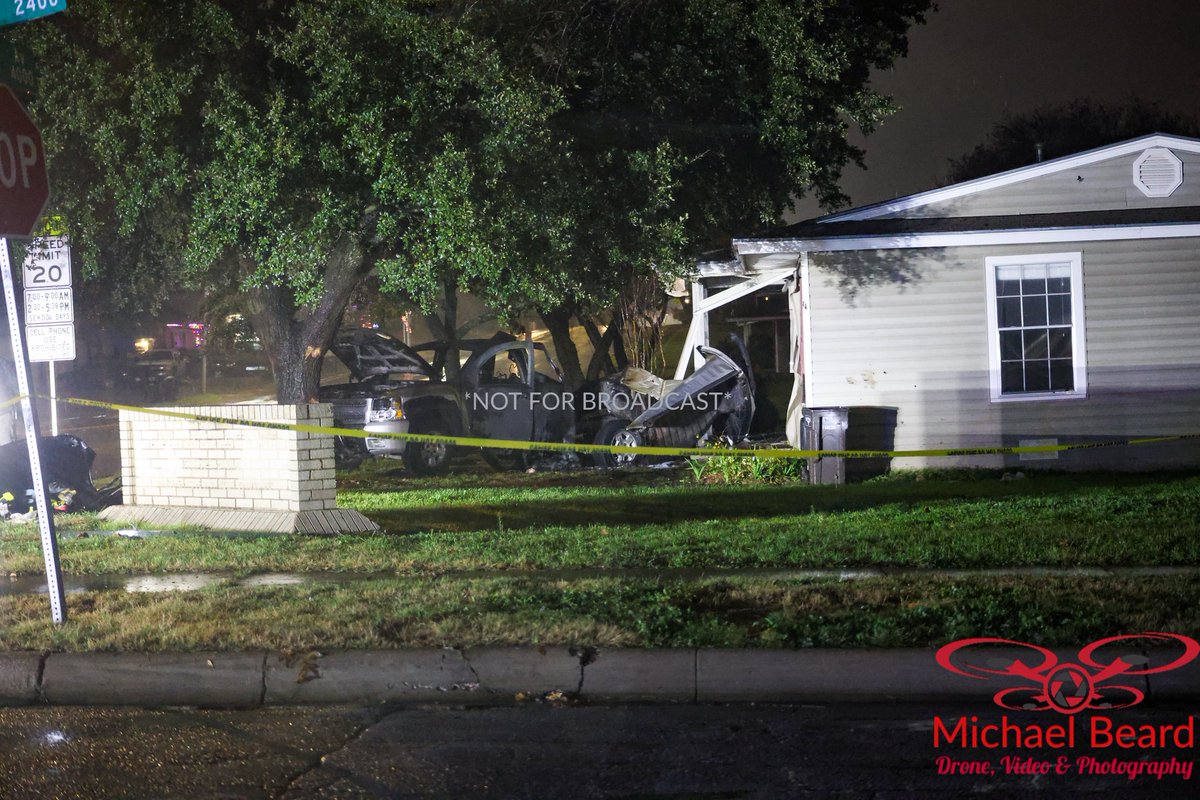 1 person is dead the intersection of W Drew and Mc Cart after a truck hit a tree, then a home and  caught fire Thursday evening says FWPD
