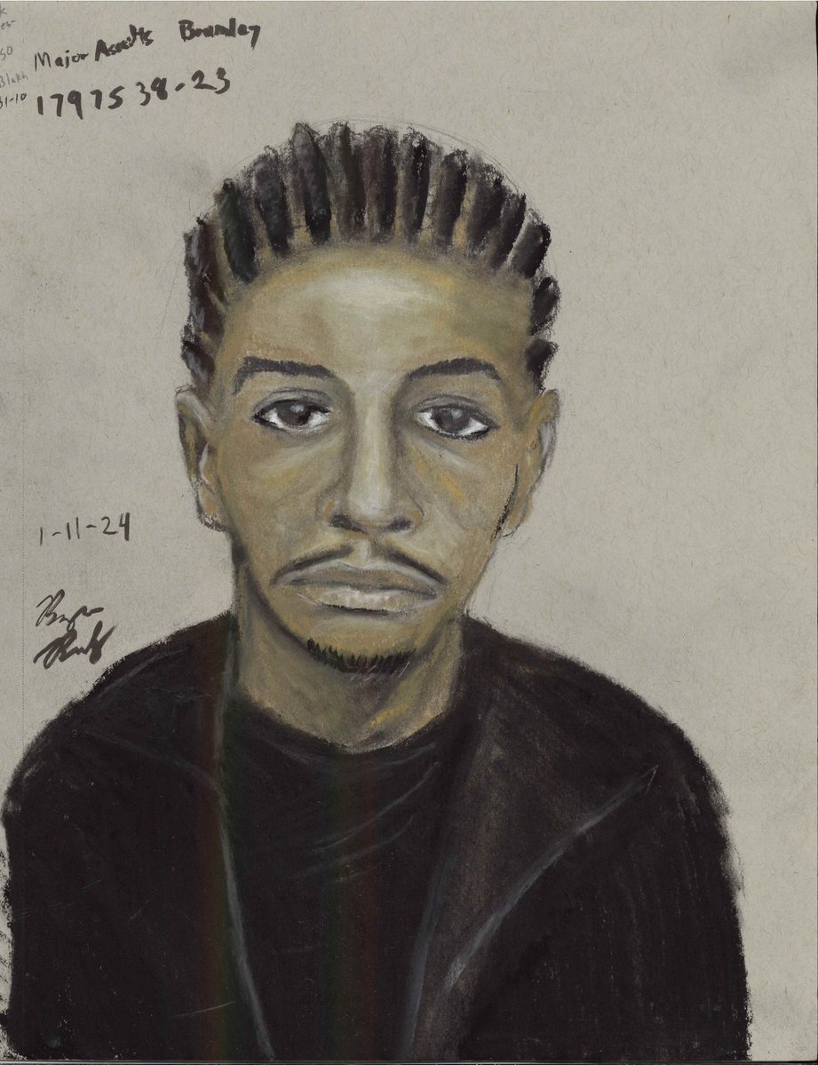 A composite sketch of a suspect sought in the shooting of a woman at 6318 Thrush Drive on Dec. 18, 2023.He is described only as a black male, approximately 25 to 30 years old, with a thin build and small dreads or braids