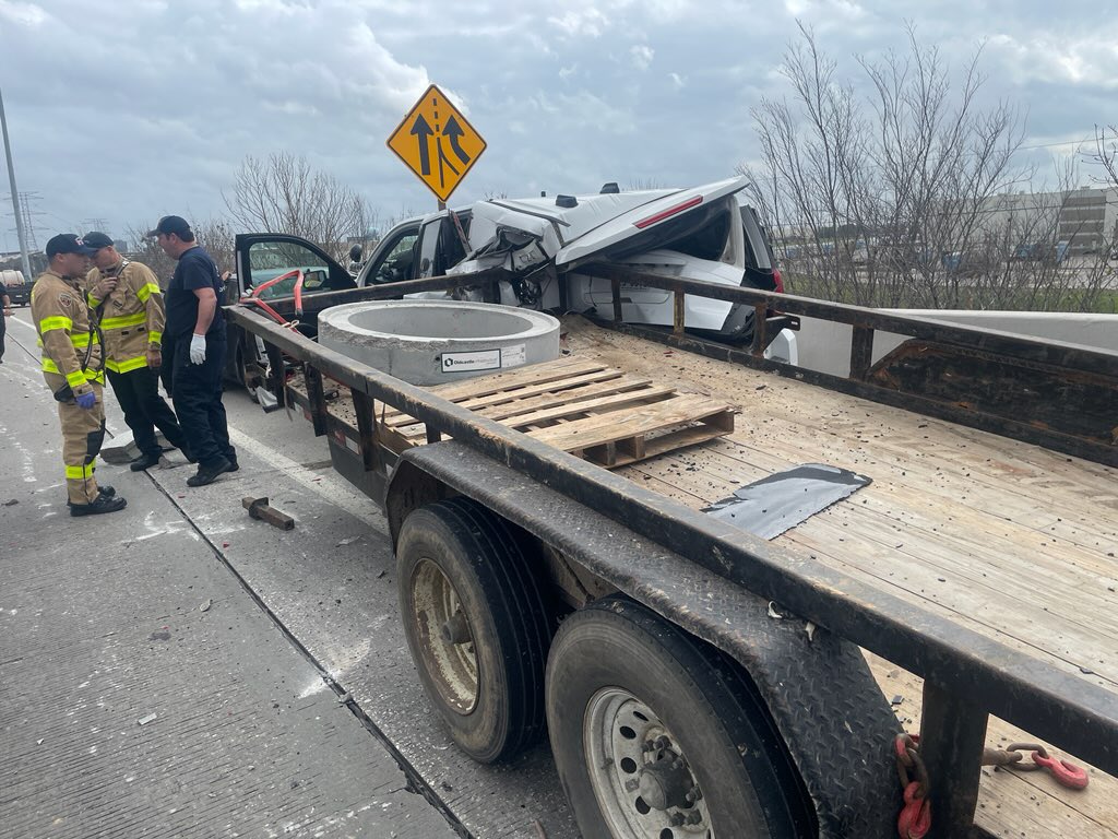 Heavy police presence in the 1000 block of the N Sam Houston Tollway West. A female Constable Deputy conducted a traffic stop, when a trailer became unhooked from the tow vehicle, striking the back of her patrol vehicle. She has been transported to a local hospital
