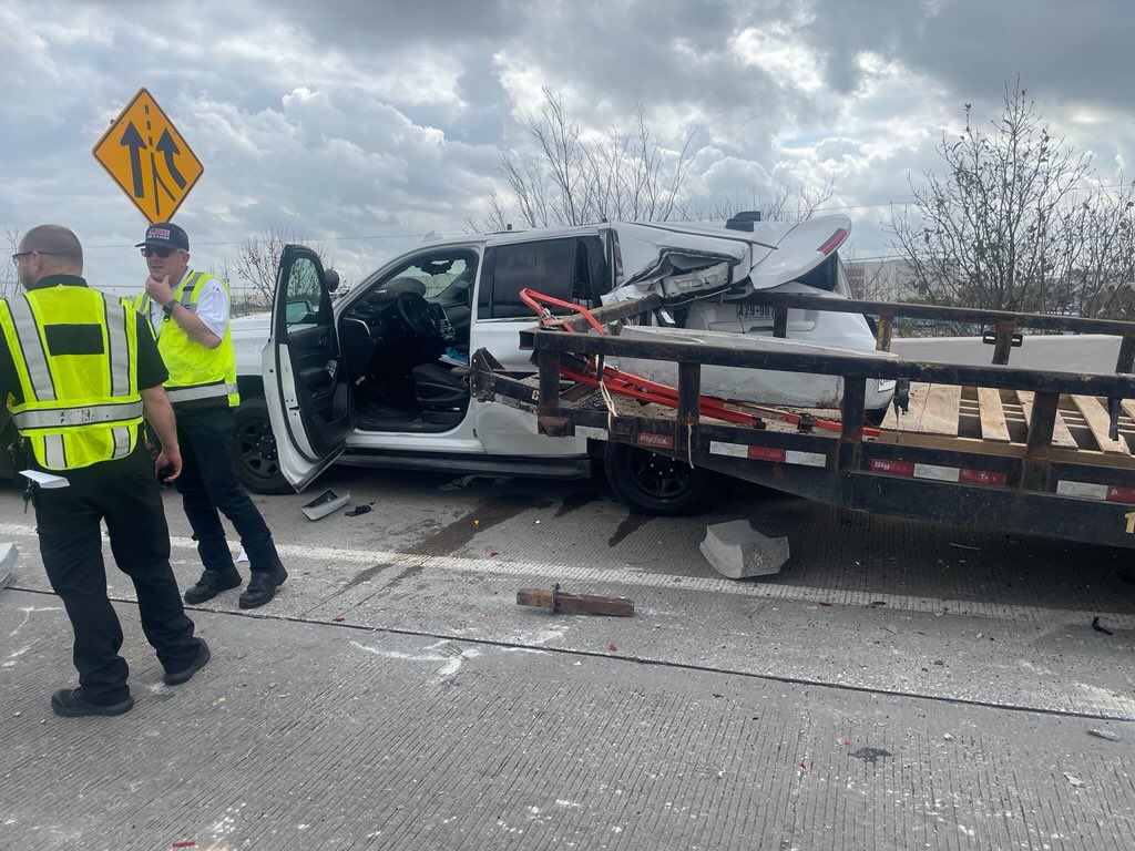 Heavy police presence in the 1000 block of the N Sam Houston Tollway West. A female Constable Deputy conducted a traffic stop, when a trailer became unhooked from the tow vehicle, striking the back of her patrol vehicle. She has been transported to a local hospital