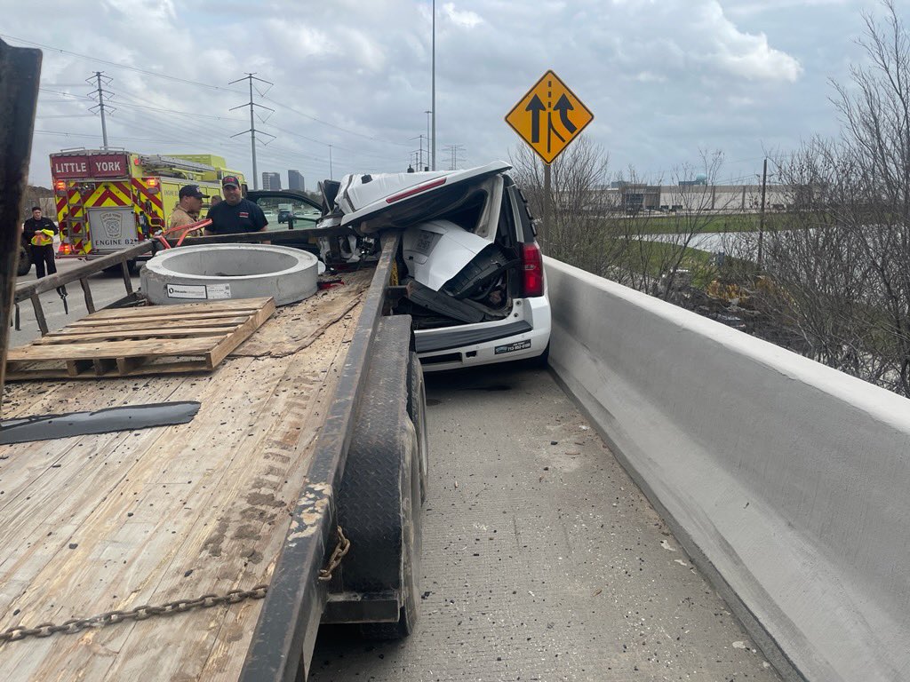 Heavy police presence in the 1000 block of the N Sam Houston Tollway West. A female Constable Deputy conducted a traffic stop, when a trailer became unhooked from the tow vehicle, striking the back of her patrol vehicle. She has been transported to a local hospital