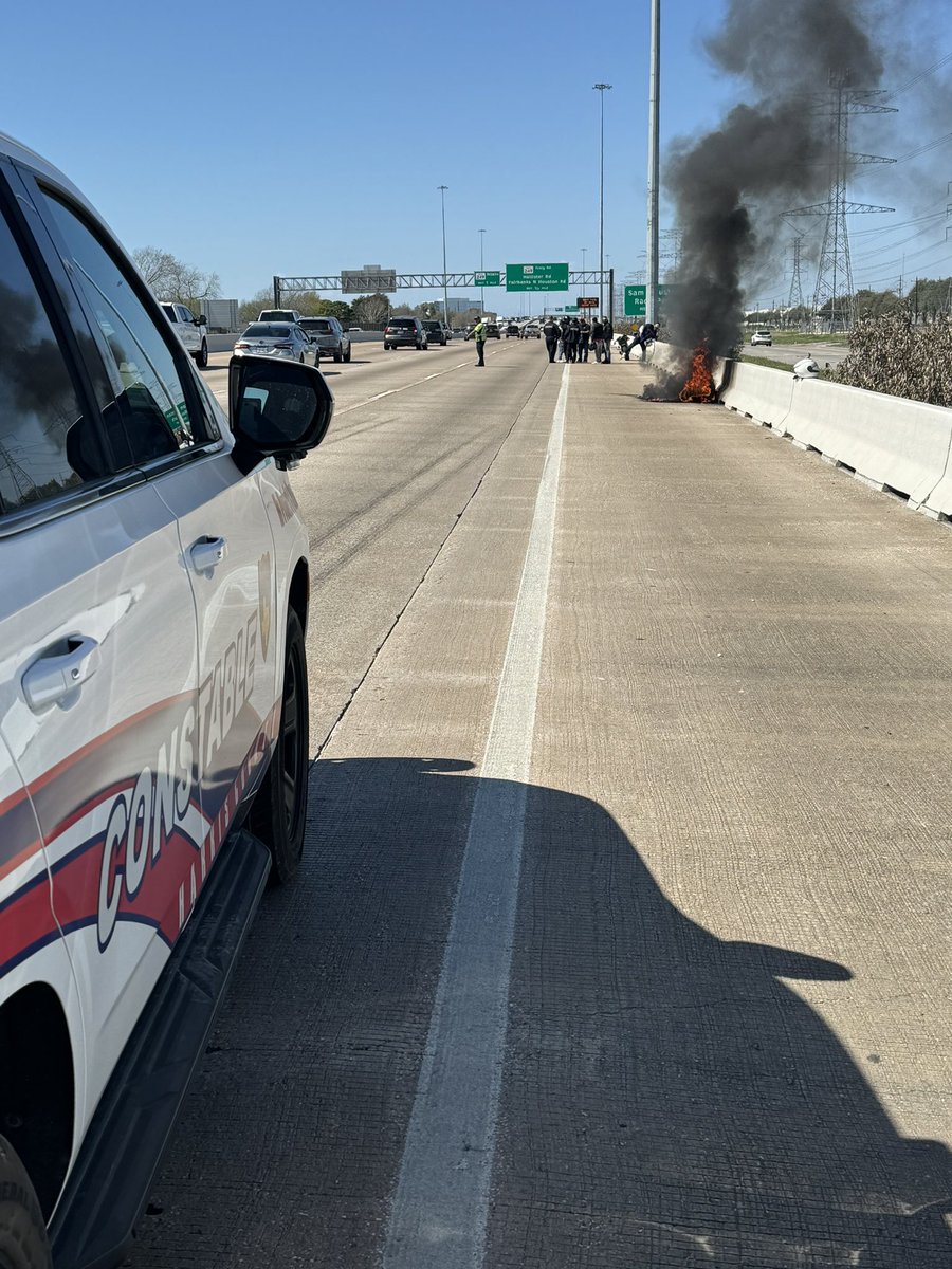Constable Deputies and the Northwest Fire Department are working a motorcycle fire in the 4500 block of the N. Sam Houston Twy W Westbound lanes are currently shut down by emergency crews. No injuries reported at this time
