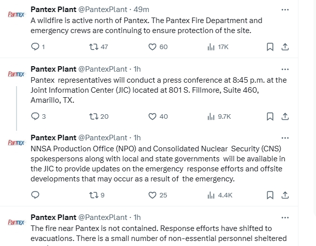 Large uncontrolled wild fire near the Pantex plant located 17 miles (27 km) northeast of Amarillo, in Carson County, Texas. Pantex is the primary United States nuclear weapons assembly and disassembly facility. Local voluntary evacs. currently in progress