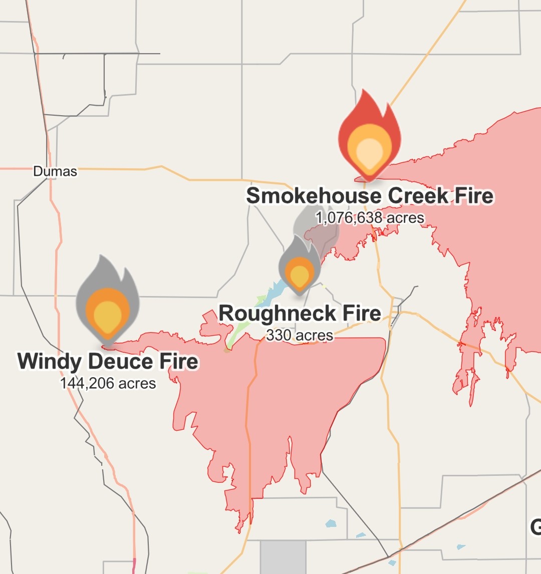 The smokehouse creek fire is NOT the fire that caused damage in fritch Texas. That was the Wendy deuce fire. The Remer fire which started north of Sanford did connect to the SHCF early last week. The new fire last night south of sanford is also a seperate fire