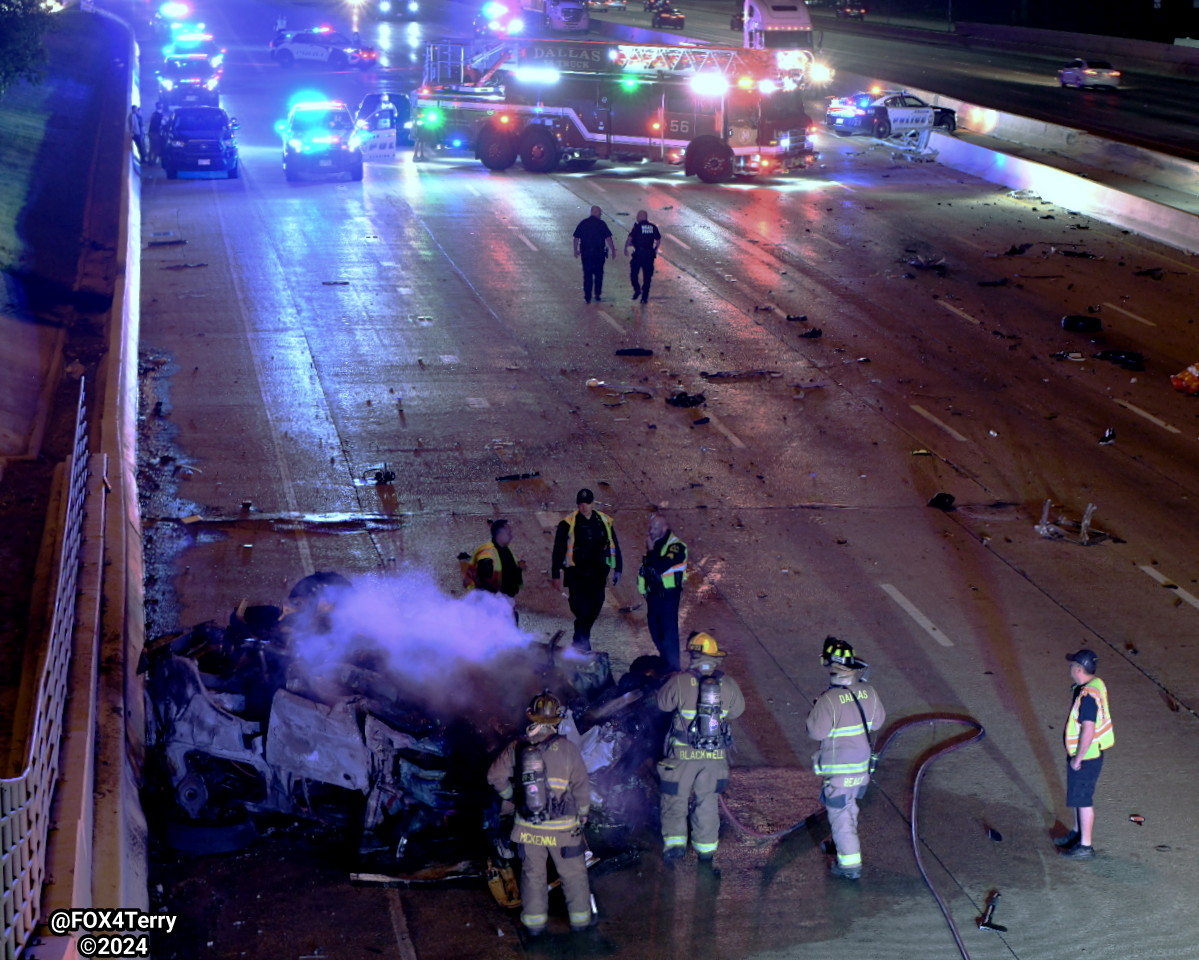 All southbound lanes of N Central Expressway closed at Spring Valley Rd. Dallas Police are investigating a fiery crash that's left at least one person dead. 