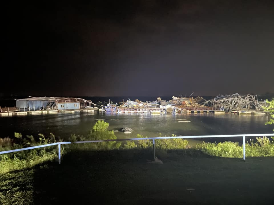 The marina at Lake Ray Roberts has sustained major damage after a large tornado impacted the area around 11:00pm. A nearby RV park has also sustained major damage with reports of people trapped.