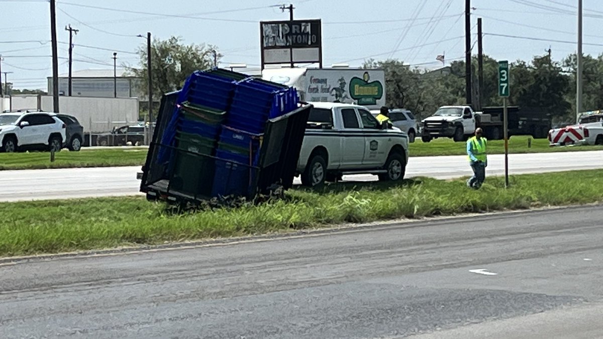 SA PD says that a vehicle lost its load traveling south on 410. When the man was trying to retrieve a trash can an 18 wheeler stopped. A second 18 wheeler trying to avoid the stopped truck hit the victim killing him . SaPd investigating