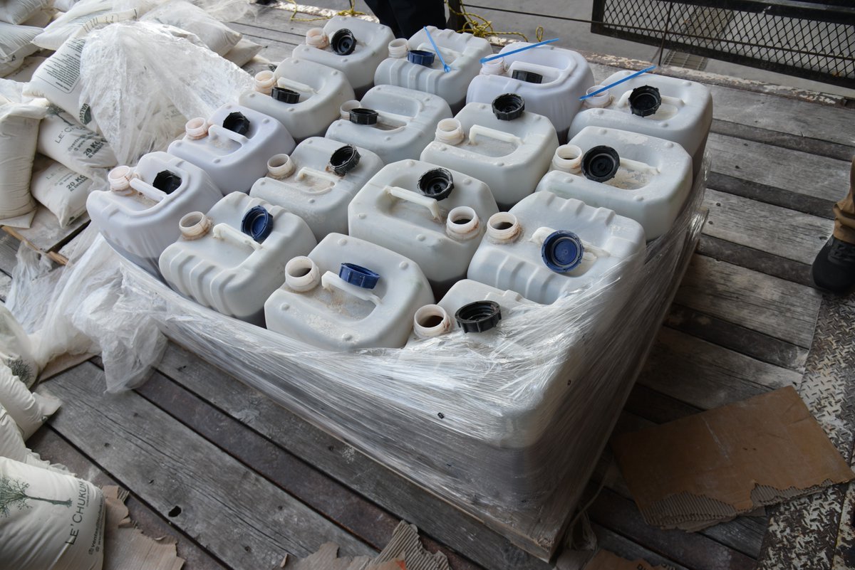 757 POUNDS OF METH: Officers discovered 16 jugs concealed within the shipment of water for painting containing 757 pounds of alleged methamphetamine