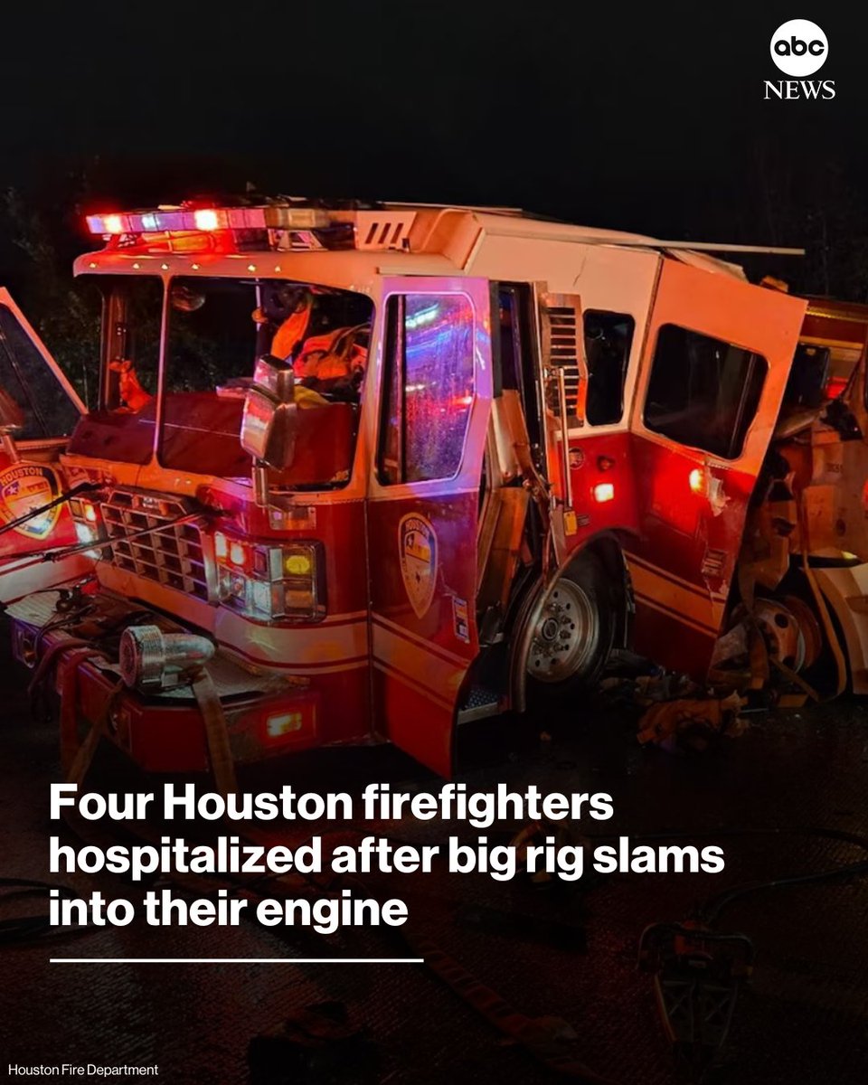 Four Texas firefighters were injured early Sunday when an 18-wheeler slammed into their fire engine as they were blocking traffic to a freeway entrance following a car crash, authorities said