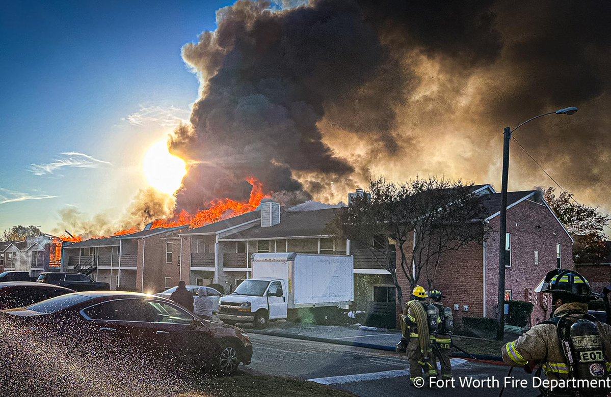 The Fort Worth Fire Department Alarm Office received a call for an apartment fire   in the 13700 block of Gazebo Lane in far east Fort Worth. Within 5 minutes, crews arrived on scene to find heavy smoke and flames coming from the second floor and roof  