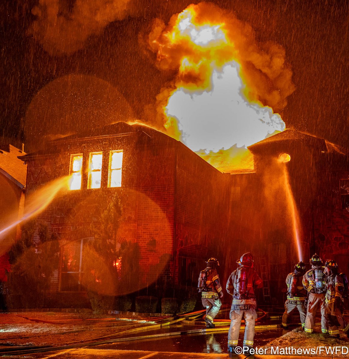 During a severe thunderstorm, the Fort Worth Fire Department Alarm Office received multiple calls from neighbors reporting a home on fire due to a lightning strike in the 4200 block of Leeds Drive.