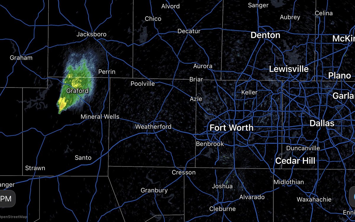 The wildfire burning in central Palo Pinto County, which sparked around lunchtime today, has grown to an estimated size of 7,000 acres, according to the Texas A&M Forest Service. The fire is 5% contained. The smoke cloud has been visible on Doppler radar for most of the
